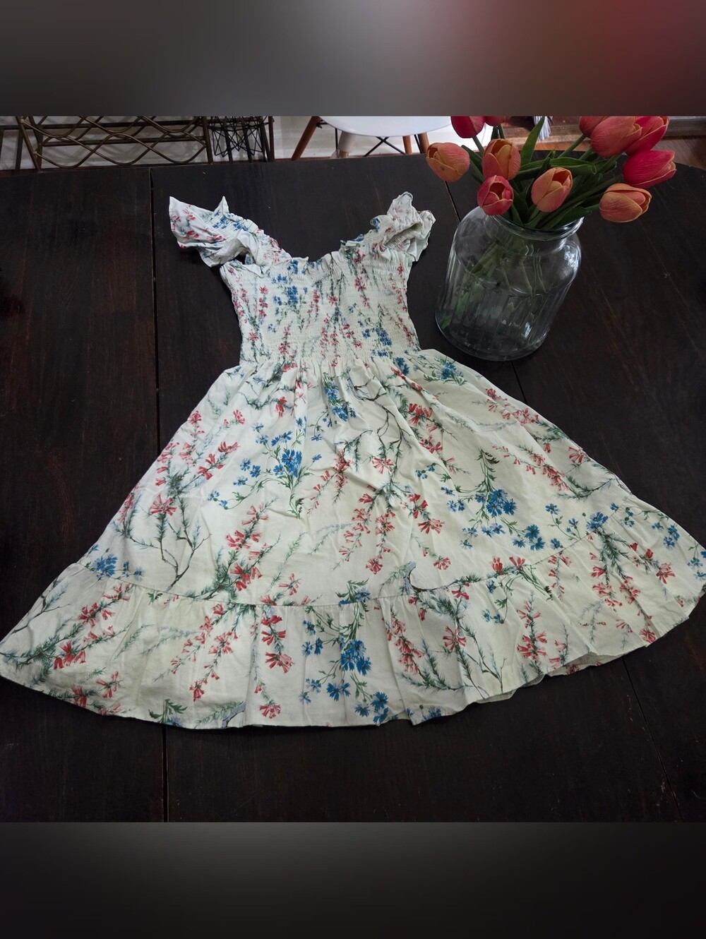 Hill House Women Mini Dress - White with Blue & Pink Floral Sprigs